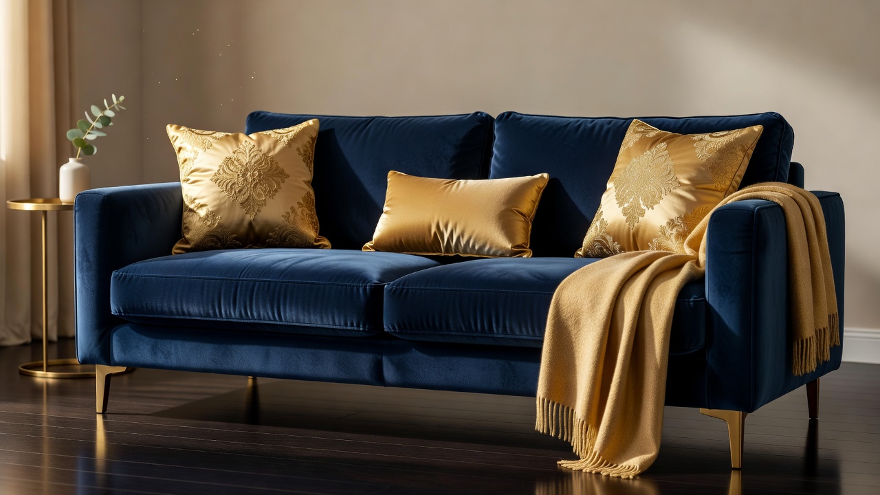 A deep navy velvet sofa styled with gold accents