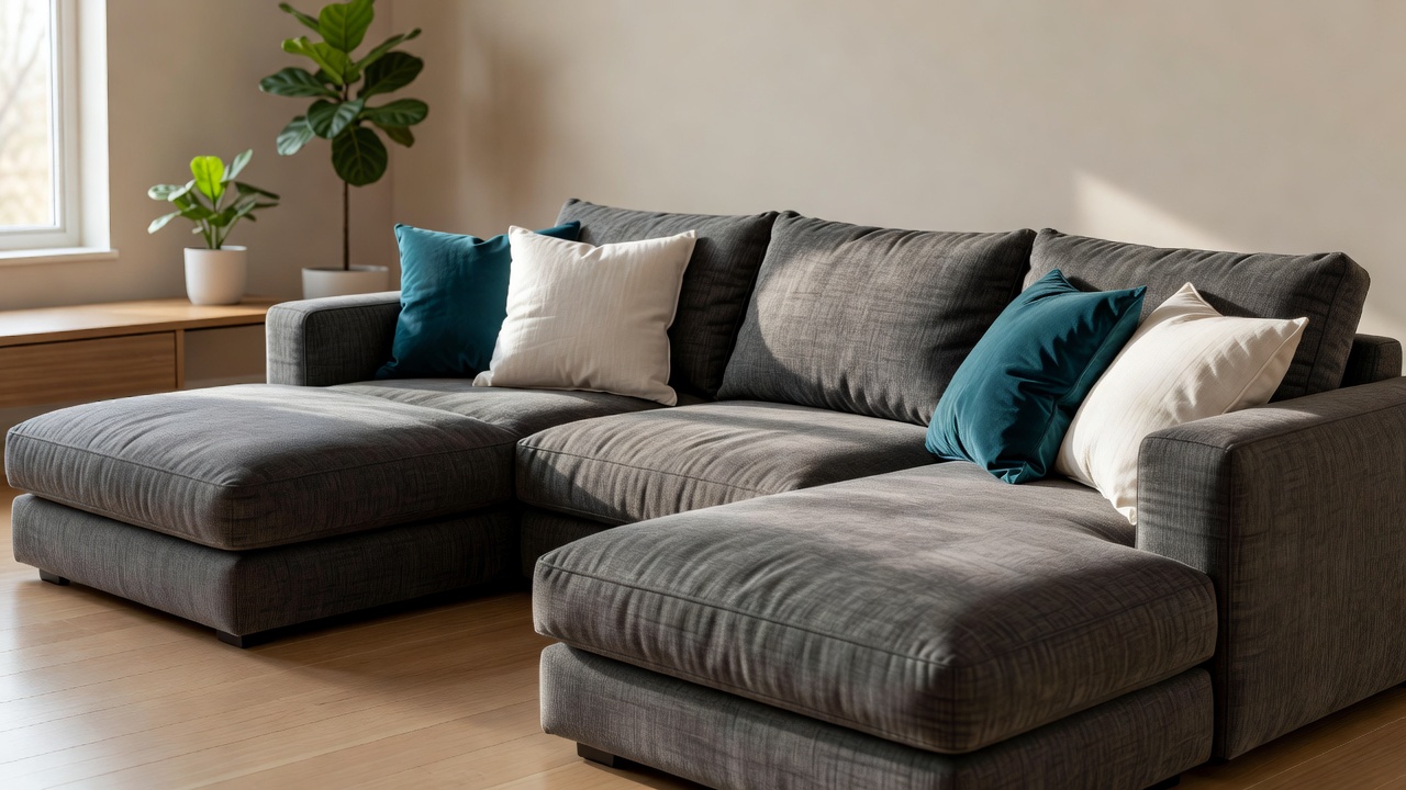 A large corner modular sofa with contrasting pillows