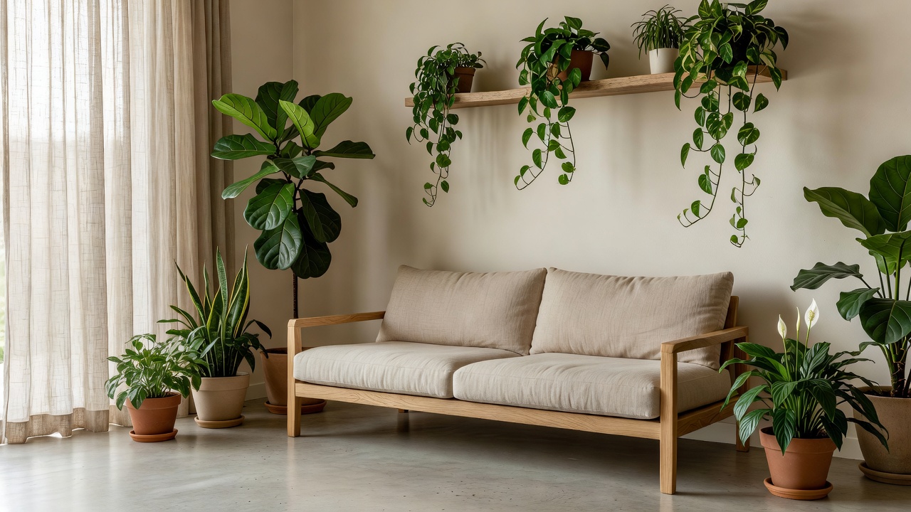 A minimalist sofa in an eco-friendly living room filled with plants