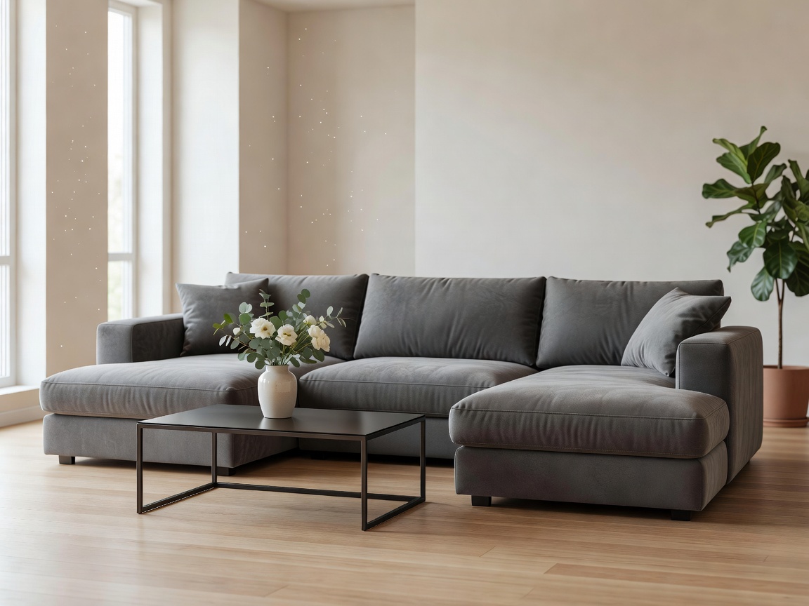 A modern grey modular sofa in a bright living room