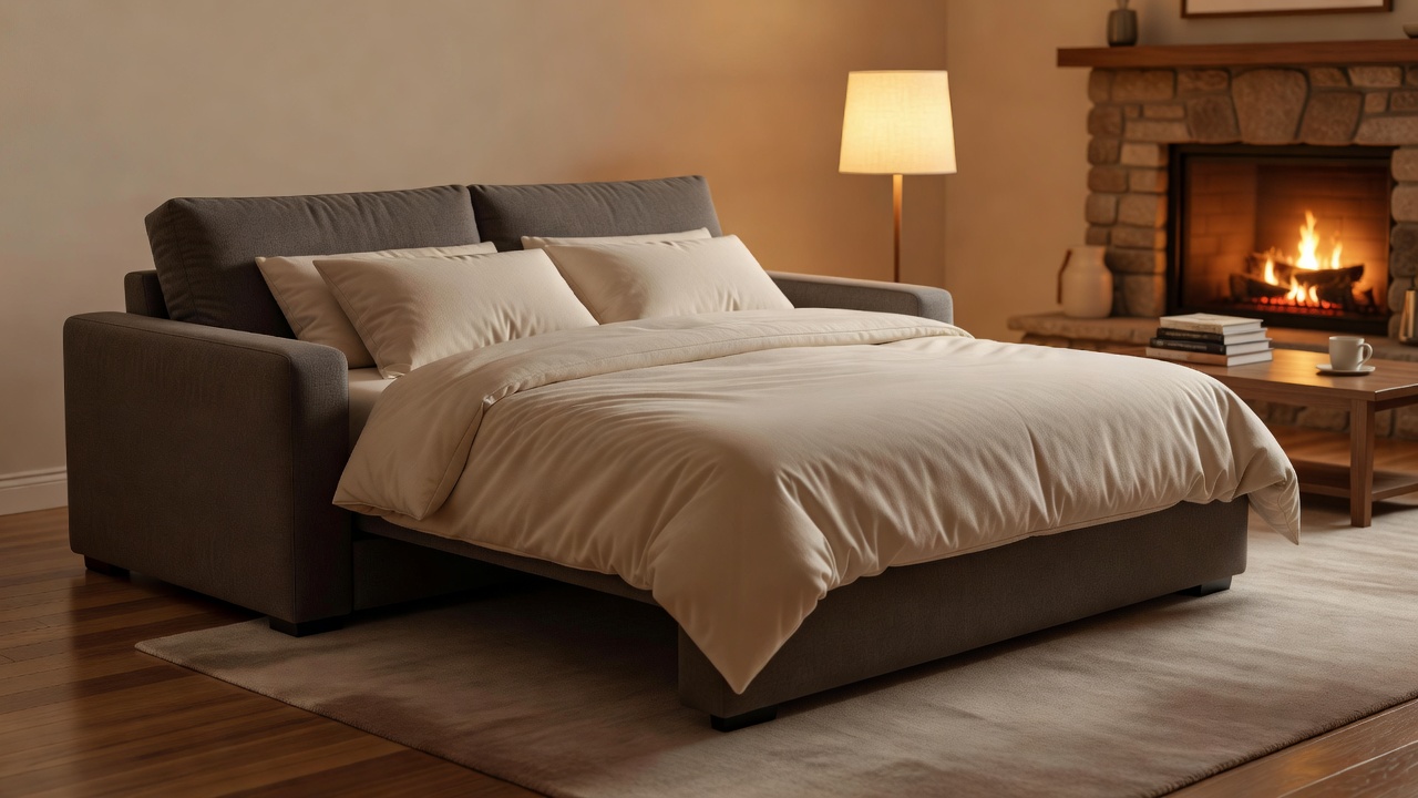 A modern sleeper sofa pulled out into a bed in a cozy living room