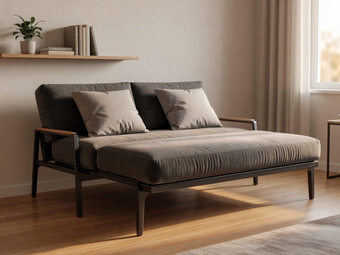 A stylish fold-out sleeper sofa in a compact apartment