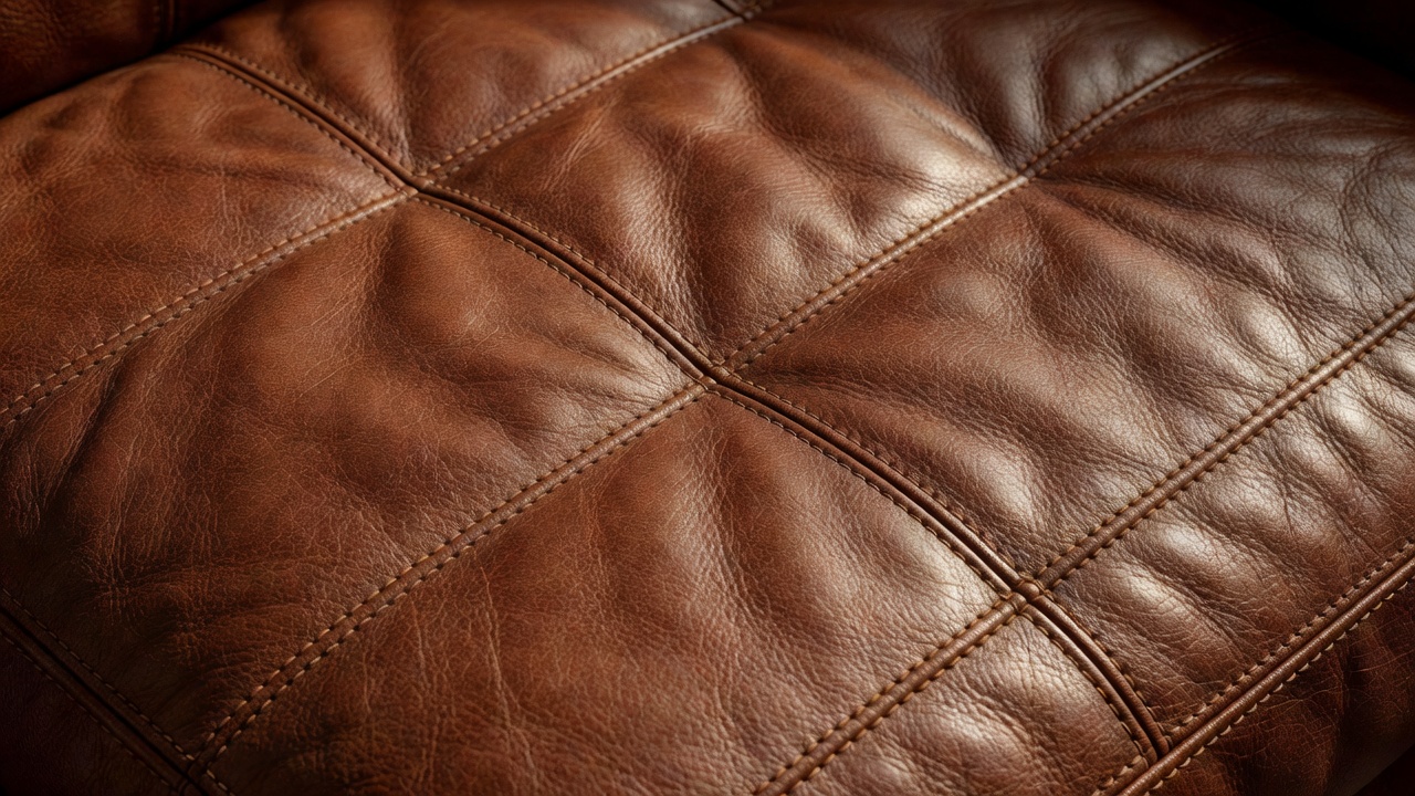 Detailed close-up of brown full-grain leather upholstery